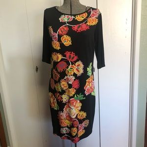 Beautiful black dress with colors flower design, from Italy by Più & Più